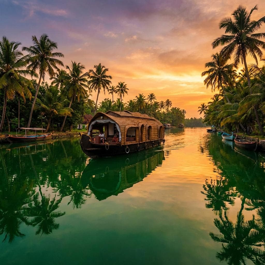 Kerala backwaters surrounded by coconut trees